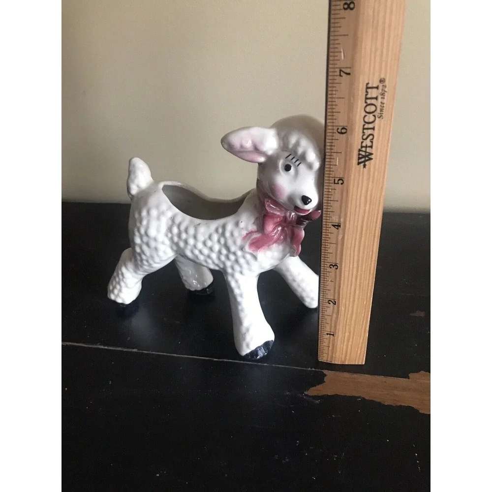 Vintage Ceramic Lamb/Sheep Baby Nursery/Easter Planter W/ Pink‎ Bow